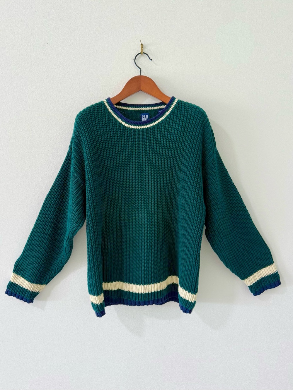 VTG 90s GAP Chunky Ribbed Knit Varsity Cotton Sweater Green Navy Cream Mens M